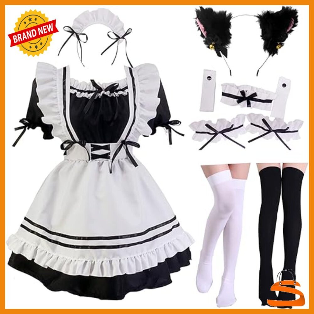 Japanese Anime Cosplay Maid Outfit Set with Cat Ears and Socks